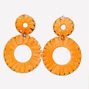 Orange Raffia Wrapped Circle Drop Earrings